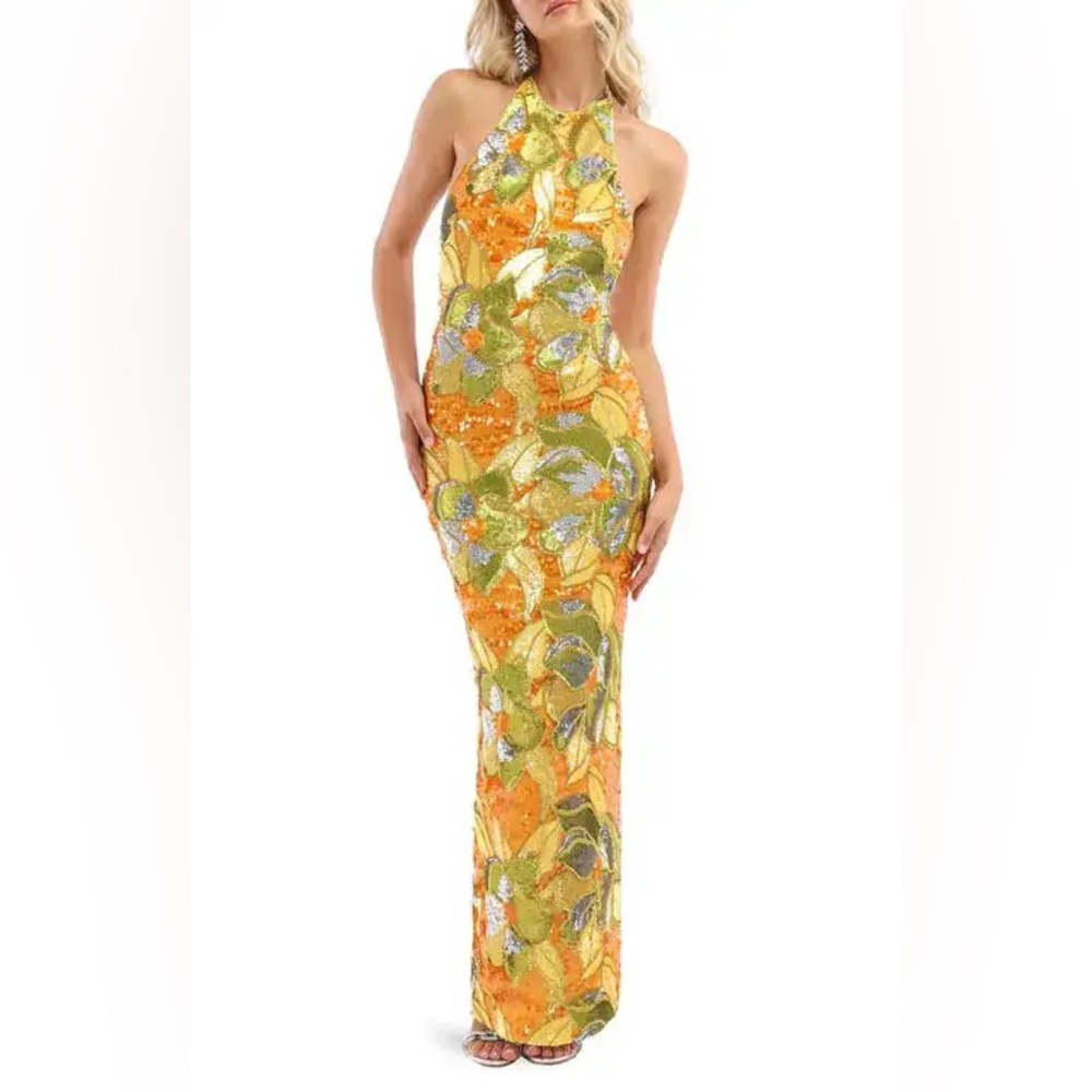 HELSI Uma Floral Sequin Halter Neck Sheath Gown